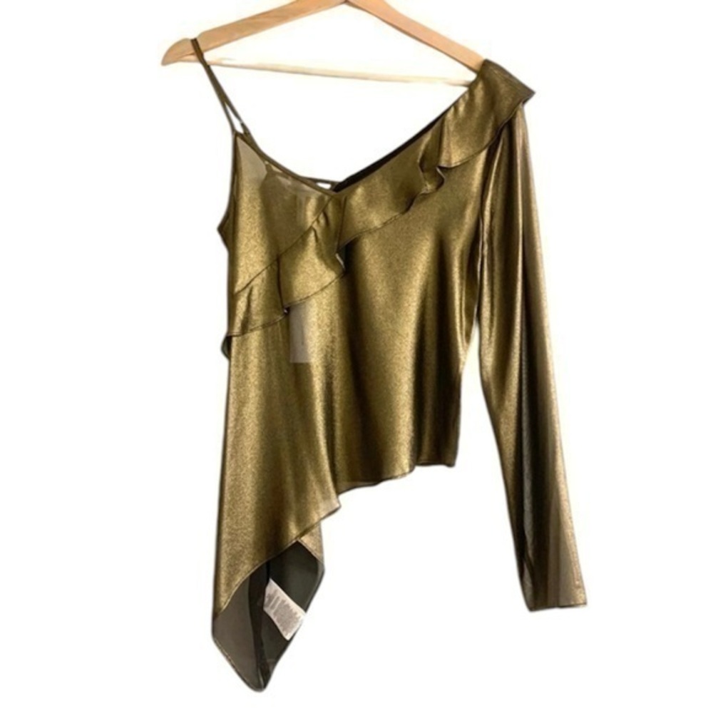 New BCBGeneration gold metallic sheer ruffle one shoulder blouse